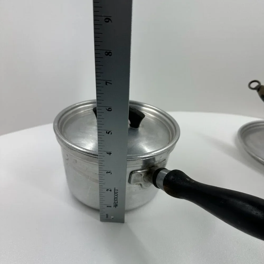 Vintage Wear-Ever TACU Aluminum Saucepan Pot Set 3 Lids Wood Handle Made in USA